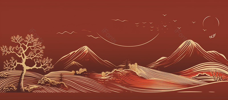 红金中国风国潮风松树山水插画,中国传统文化喜庆,新年春节金融汽车行业房地产高端庆典宣传,插画/手绘图,插画/手绘图库,插画/手绘图下载,插画/手绘